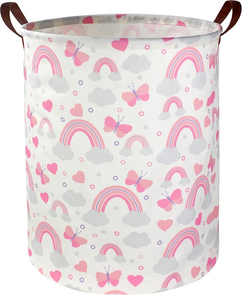 DDBASKET Pink Laundry Basket Girls Hamper Clothes Collapsible Toy Storage Bin Organizer with Handles for Kids, Baby,Nursery Hamper (Pink Rainbows) - Image 1